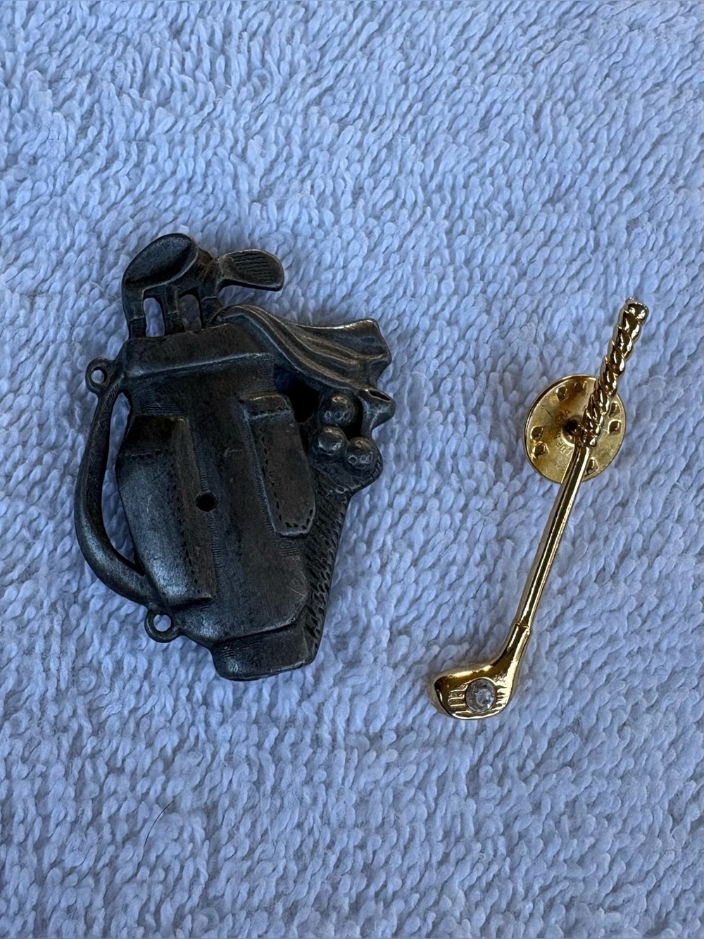 Vintage Pewter-Tone Golf Bag Brooch & Gold-Tone Rhinestone Club Pin Brooch Lot